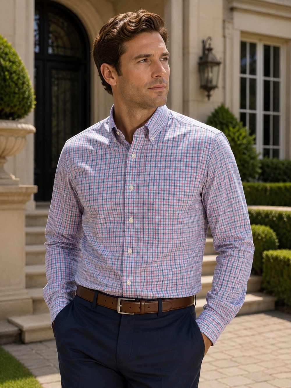 BONOBOS Slim Fit Button-Down Dress Shirt – Men’s XL – Blue Pink & Navy Plaid - Picture 2 of 8